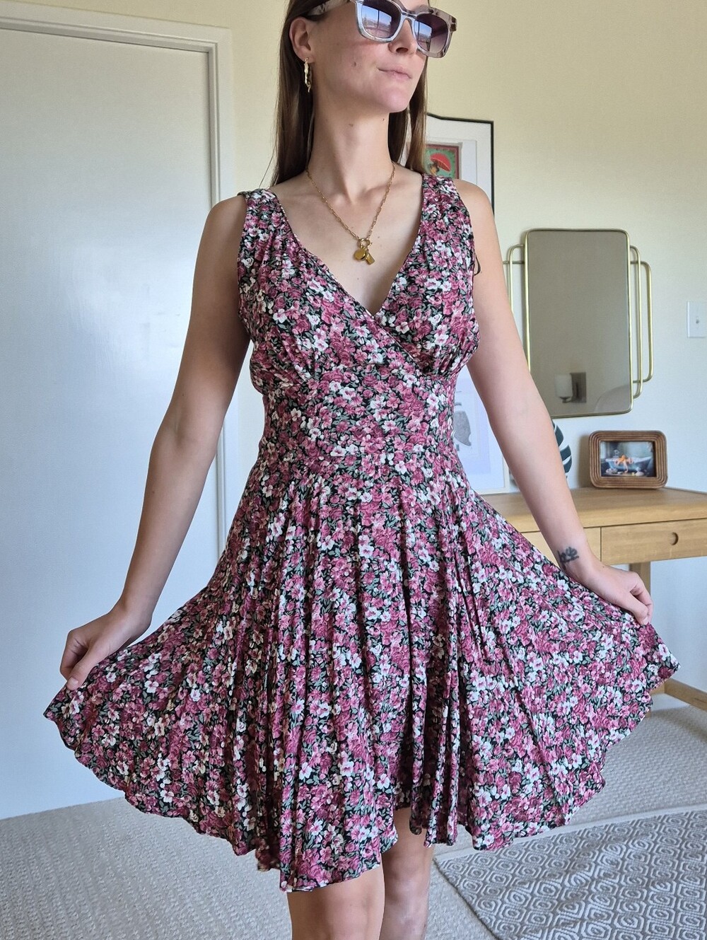 Vintage Made In USA 90s Floral Pink V-Neck Sleeveless Dress